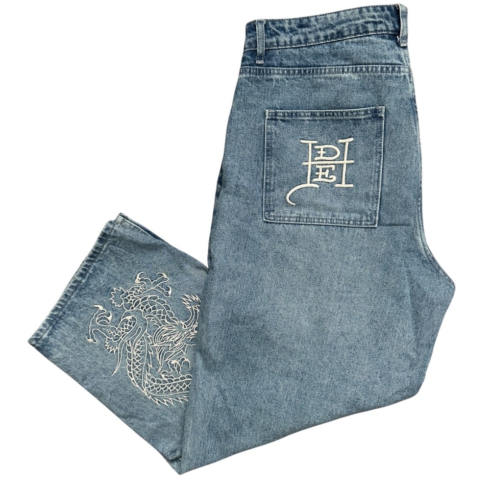Ed Hardy x Urban Outfitters Baggy Jeans Blue Dragon Embroidered Size 36 x 32